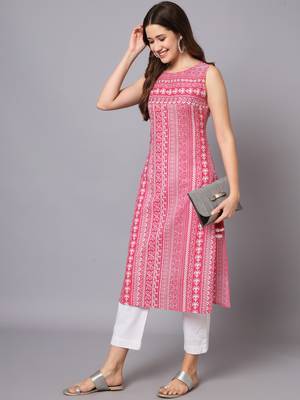 Printed jaipuri rayon pink a-line designer sleeveless kurti 3