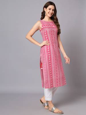 Printed jaipuri rayon pink a-line designer sleeveless kurti 4