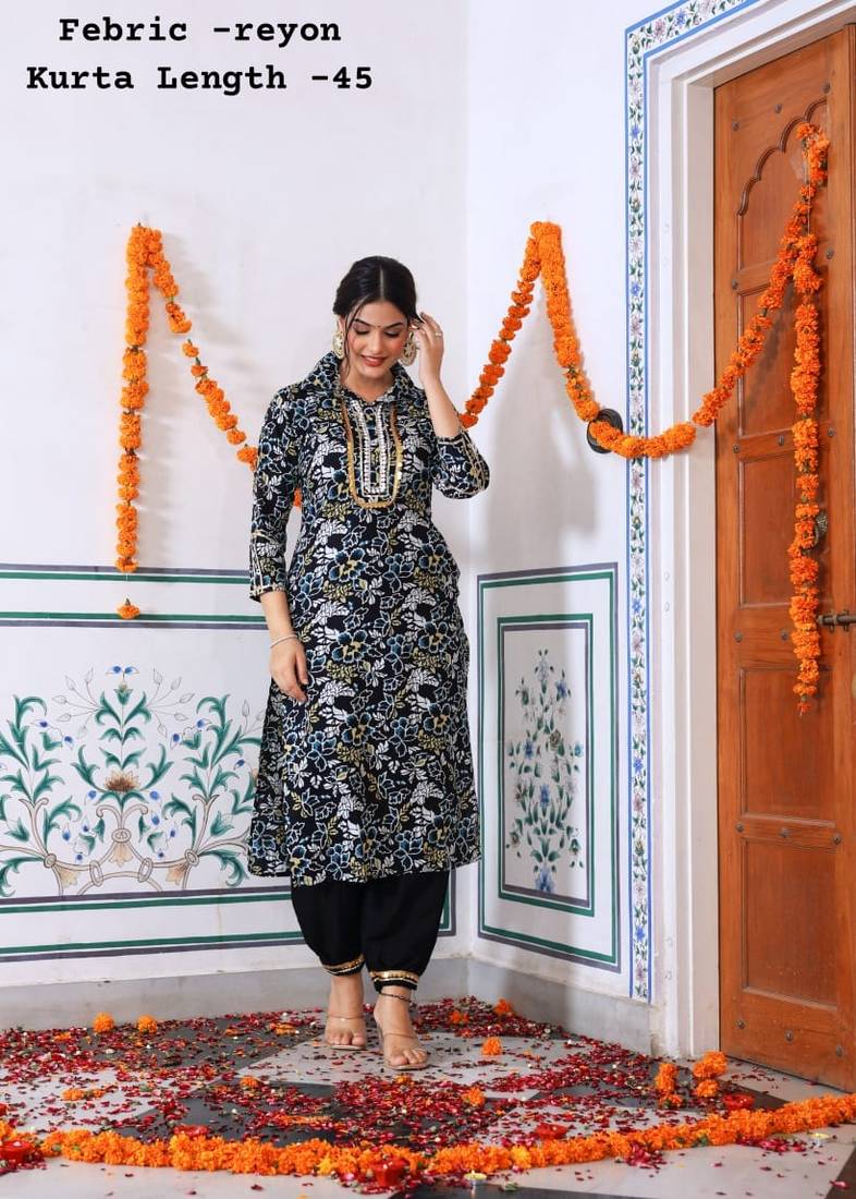 Rayon printed designer aghani style kurti with pant set for womens & girls