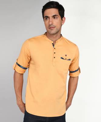 men's beige cotton casual short kurta 1