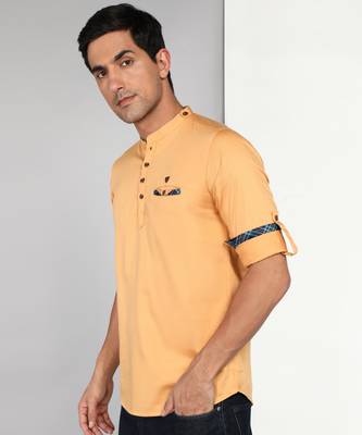 men's beige cotton casual short kurta 3