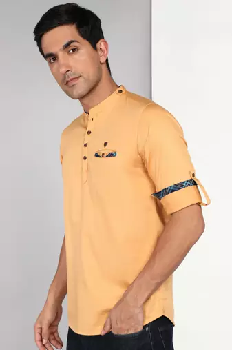 men's beige cotton casual short kurta