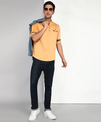 men's beige cotton casual short kurta 4