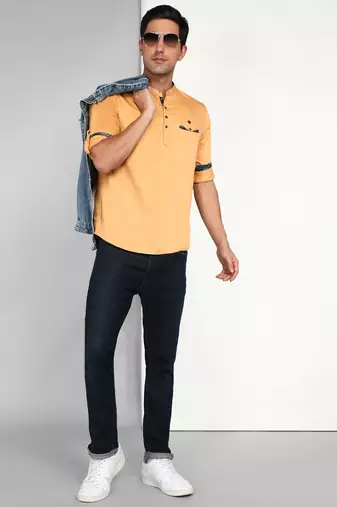 men's beige cotton casual short kurta