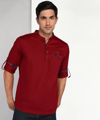 men's maroon cotton casual short kurta 1