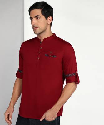 men's maroon cotton casual short kurta 3