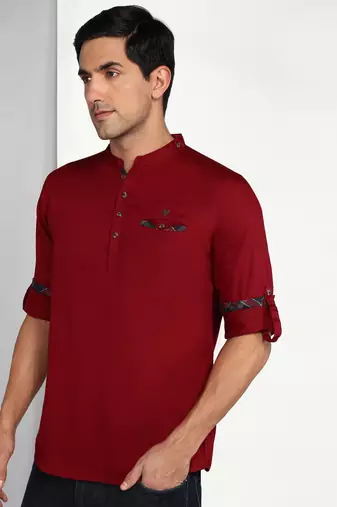 men's maroon cotton casual short kurta