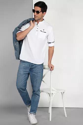 men's white cotton casual short kurta