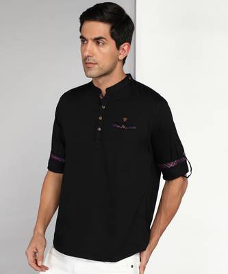 Kuons avenue men's black cotton casual short kurta 4