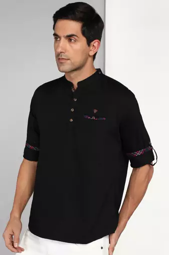 Kuons avenue men's black cotton casual short kurta