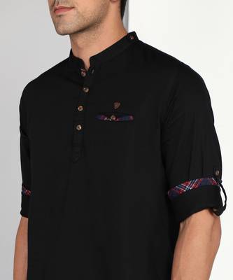 Kuons avenue men's black cotton casual short kurta 5