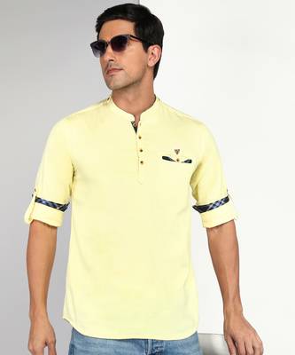 men's cream yellow cotton casual short kurta 2