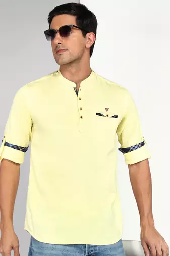 men's cream yellow cotton casual short kurta