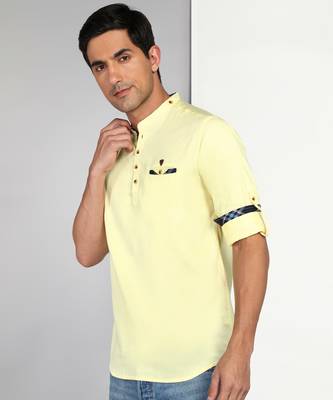 men's cream yellow cotton casual short kurta 4