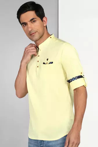 men's cream yellow cotton casual short kurta