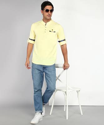 men's cream yellow cotton casual short kurta 1