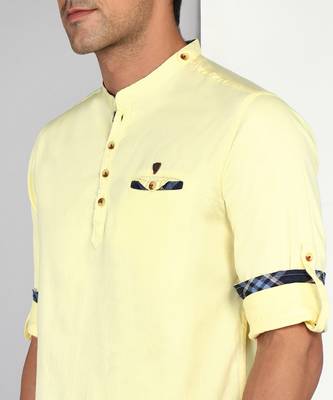 men's cream yellow cotton casual short kurta 5