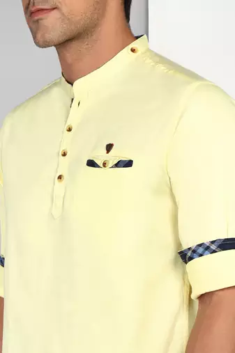 men's cream yellow cotton casual short kurta