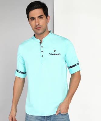 men's turquoise blue cotton casual short kurta 1