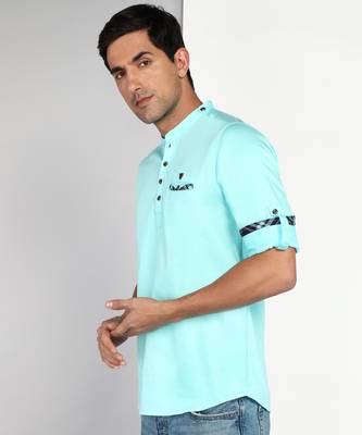 men's turquoise blue cotton casual short kurta 3