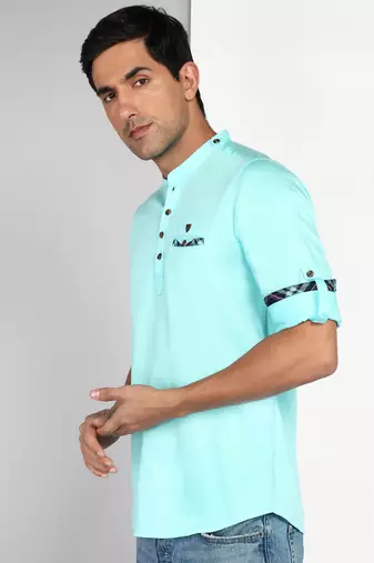 men's turquoise blue cotton casual short kurta