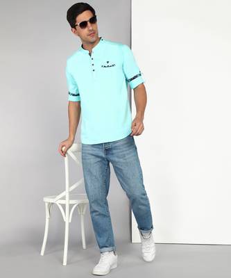 men's turquoise blue cotton casual short kurta 4