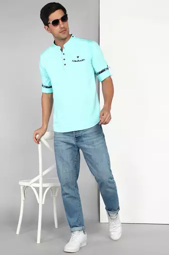 men's turquoise blue cotton casual short kurta