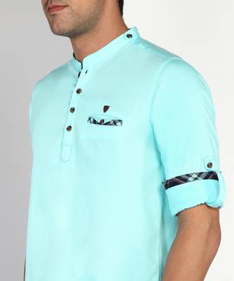 men's turquoise blue cotton casual short kurta 5