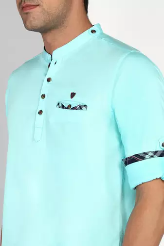 men's turquoise blue cotton casual short kurta