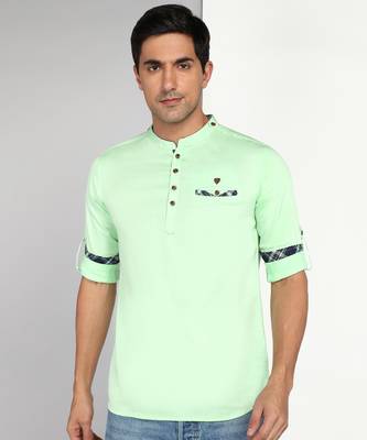 men's pista green cotton casual short kurta 1