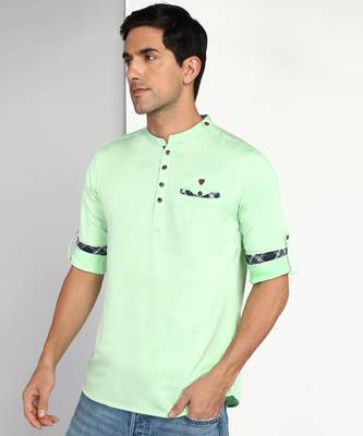 men's pista green cotton casual short kurta 3