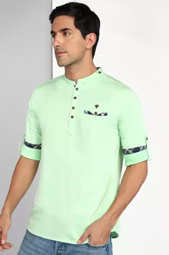 men's pista green cotton casual short kurta