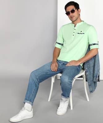 men's pista green cotton casual short kurta 4