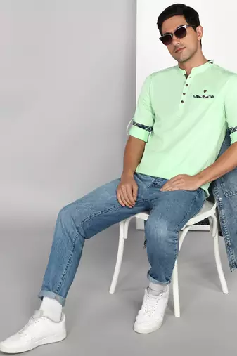 men's pista green cotton casual short kurta