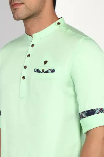 men's pista green cotton casual short kurta