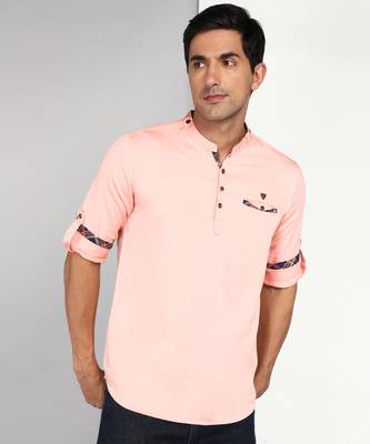 men's peach orange cotton casual short kurta 1