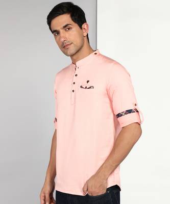 men's peach orange cotton casual short kurta 3