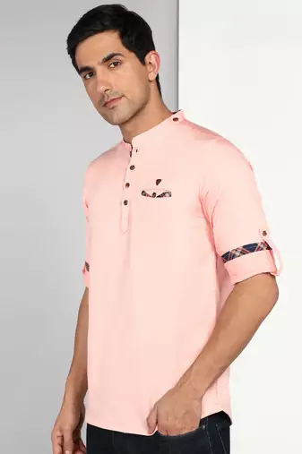 men's peach orange cotton casual short kurta