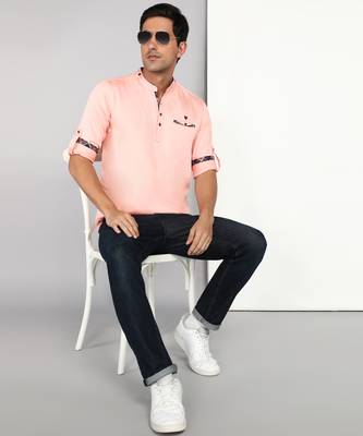 men's peach orange cotton casual short kurta 4