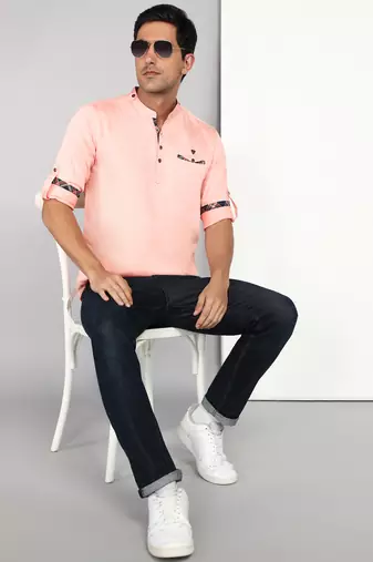 men's peach orange cotton casual short kurta