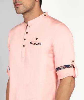men's peach orange cotton casual short kurta 5