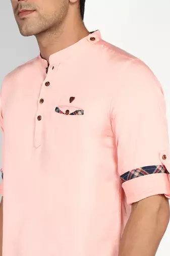 men's peach orange cotton casual short kurta