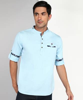 men's blue cotton short casual kurta 1