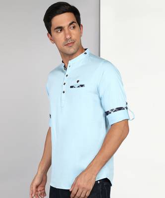 men's blue cotton short casual kurta 3