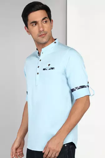men's blue cotton short casual kurta