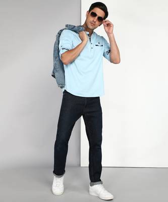 men's blue cotton short casual kurta 4