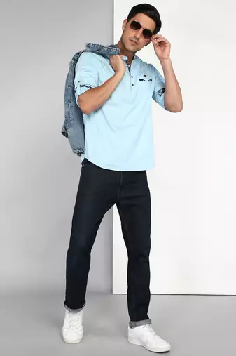 men's blue cotton short casual kurta