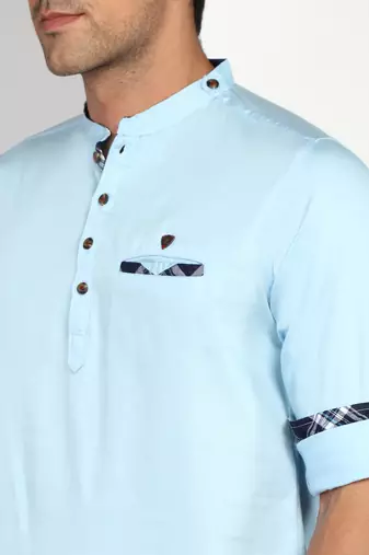 men's blue cotton short casual kurta