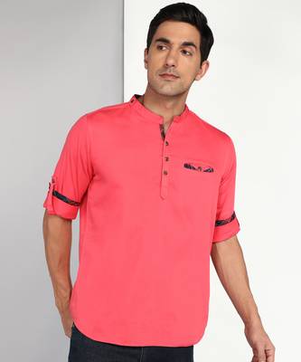 men's salmon pink cotton casual short kurta 1