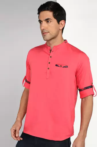 men's salmon pink cotton casual short kurta